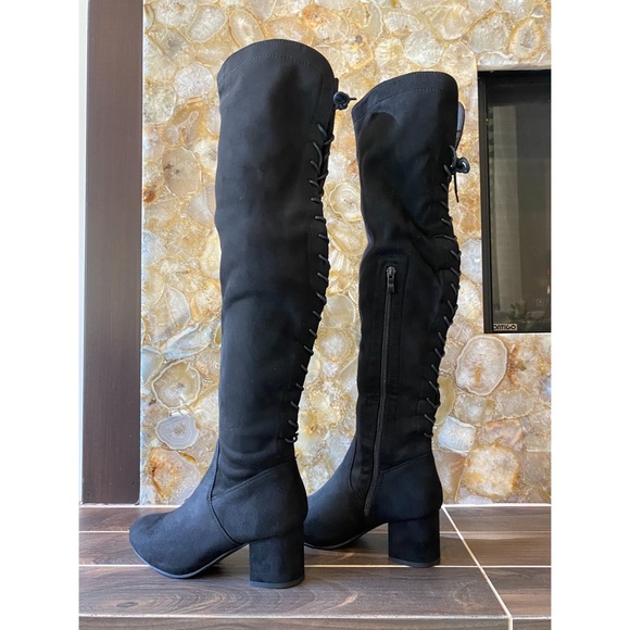 Back Lace Up Mid Faux suede Block Heel Over The Knee Thigh High Boot round toe - Picture 13 of 16